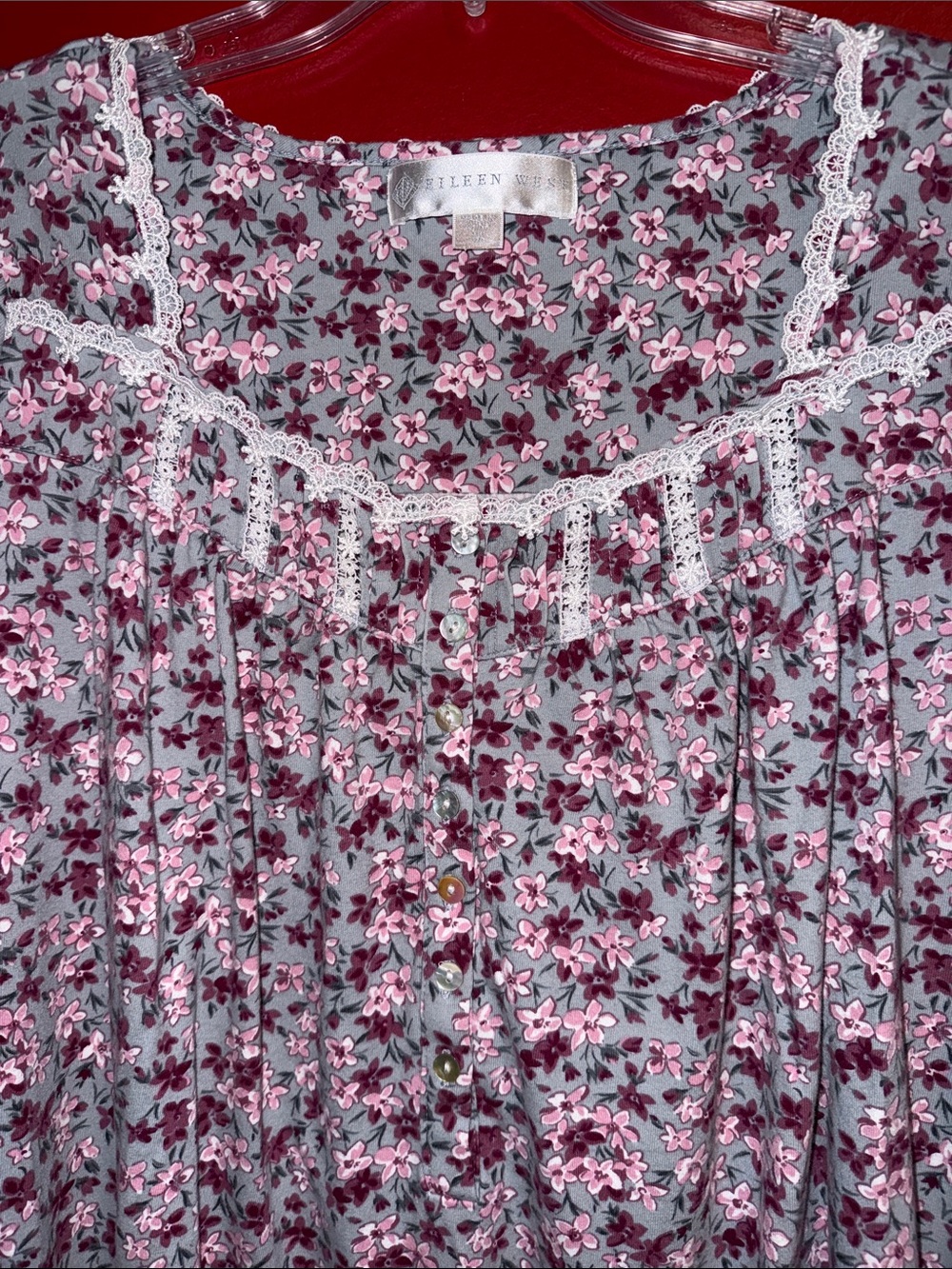 Eileen West 100% Cotton Gray & Pink Floral Nightgown with Lace Trim - Picture 4 of 6